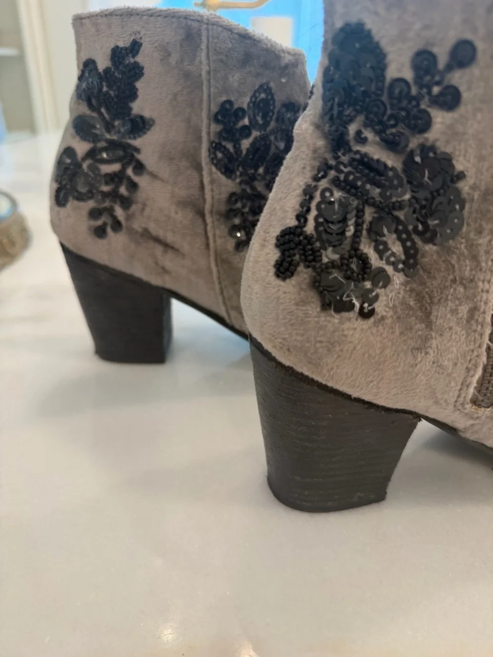 Free People Gray Velvet Ankle Booties with Black Embroidery